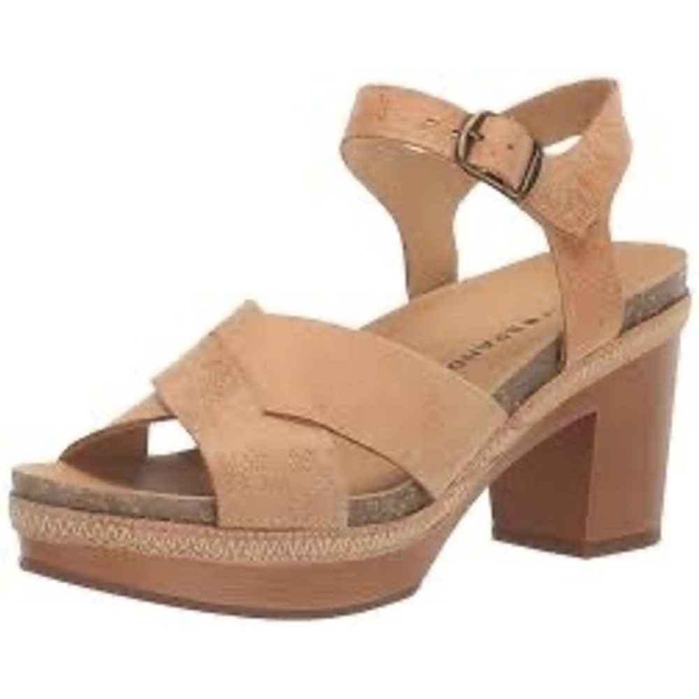 Lucky Brand Harvia tan leather heeled sandals‎ platform women size 8 boho casual